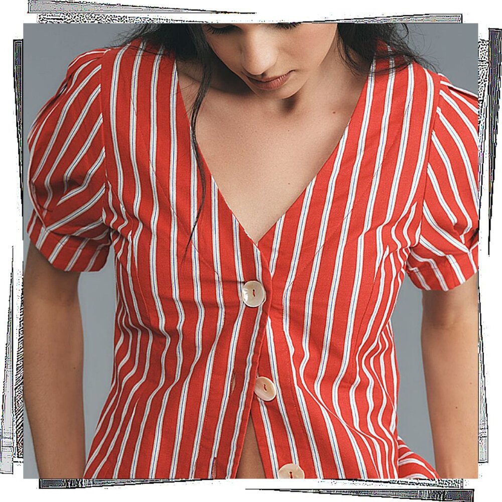 NWT: Red & White Stripe Linen Blend Puff Sleeve Jacket (2) Damson Madder - Picture 2 of 4